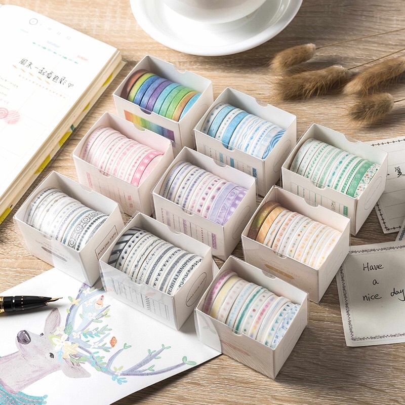 SET 10 CUỘN BĂNG DÍNH WASHI TAPE NHIỀU MÀU TRANG TRÍ SỔ TAY