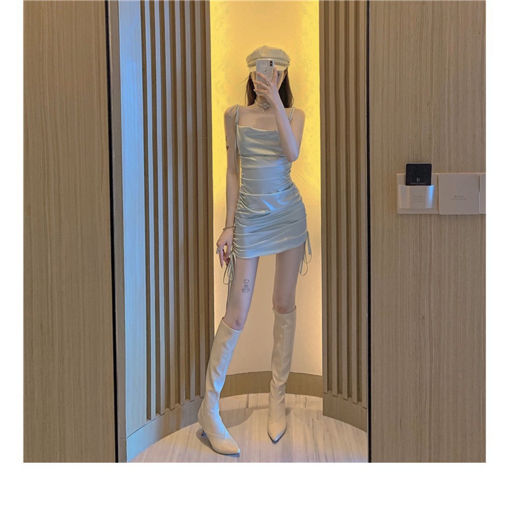 Váy đầm ôm body 2 dây sexy chất lụa bóng rút dây hông nhíu vải quyến rũ đi tiệc đi chơi CSG