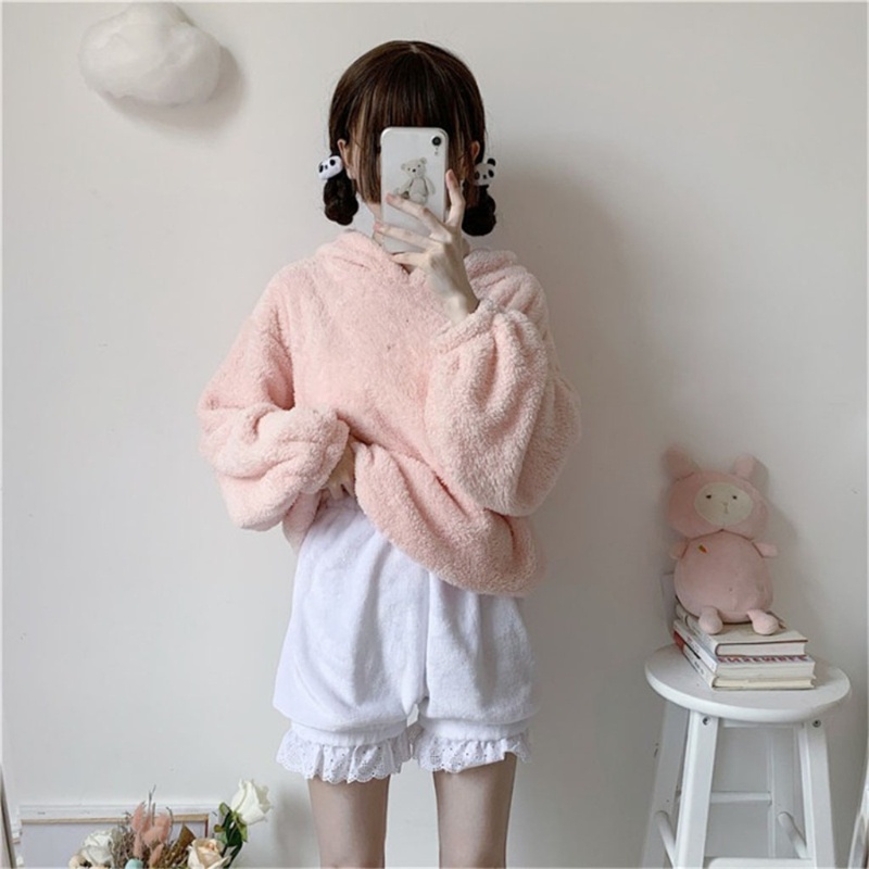 Youyo Quần Short Nhung Lông Xù Phối Ren Màu Trơn Giữ Nhiệt An Toàn Vào Mùa Đông Cho Nữ