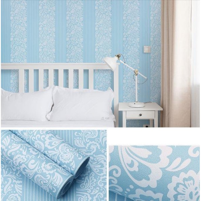 Decal giấy dán tường sọc hoa xanh khổ 60cm keo sẵn bóc dán (giá 1m dài)