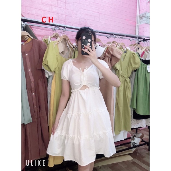 Váy cổ vuông dây rút ngực hở bụng CH12