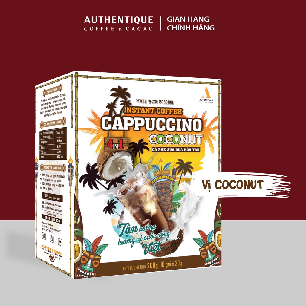 Cà phê pha sẵn hòa tan vị sữa dừa 4in1 (20G x 10Gói) - Cappuccino Coconut | Authentique Instant Coffee