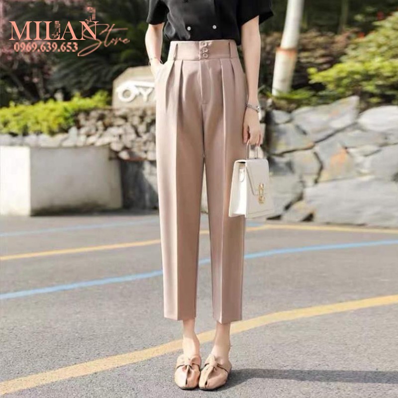 Quần baggy cạp cao công sở 3 cúc nữ bản to xếp ly có đai - Màu Đen Kem - Vải tuyết mưa dày - Mặc đi làm học sinh đi học