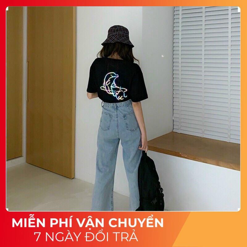 Áo thun tay lỡ phản quang phông Unisex nam nữ chất Premium Cotton oversize đến 75kg form rộng hình cá heo AP988