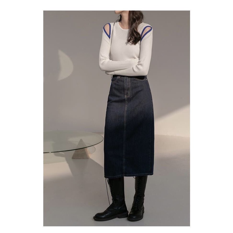 Áo Thun Tay Dài Khoét Vai Màu Sắc Tương Phản Thời Trang Mùa Thu Cho Nữ