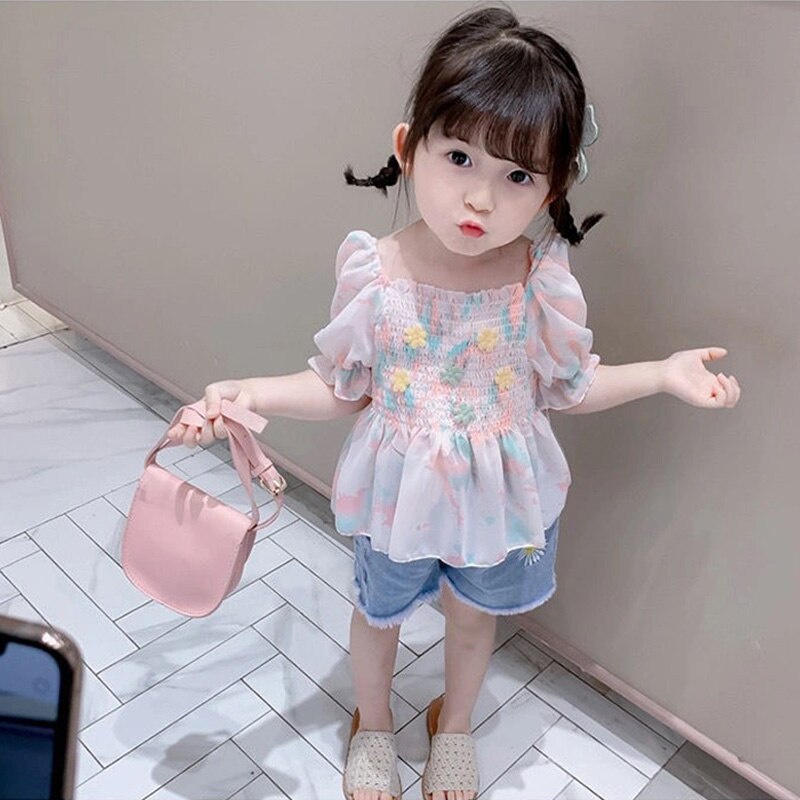Áo Thun Tay Phồng Cổ Vuông Chất Liệu Chiffon In Hoa Thời Trang Mùa Hè Cho Bé Gái 2-6 Tuổi