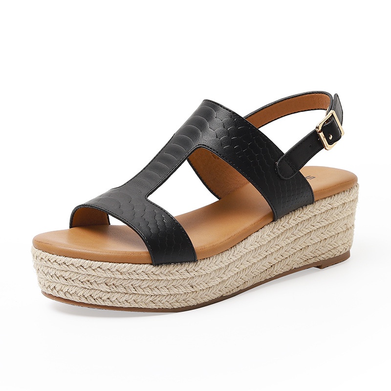 Giày Sandal Đế Xuồng Đan Cói Hở Mũi Thời Trang Retro Cho Nữ