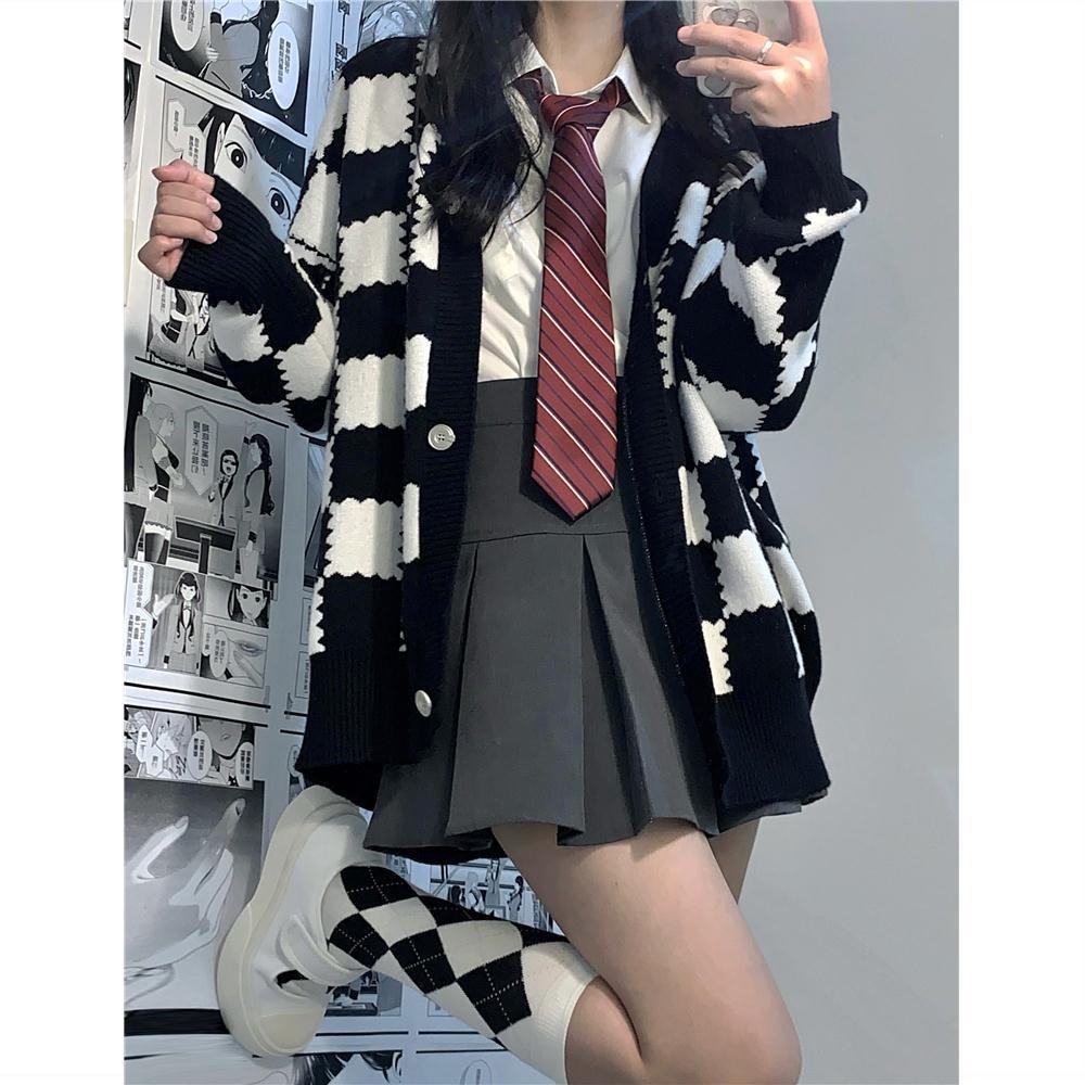 Áo len nữ dài tay cổ tròn sọc ca rô thời trang Hàn