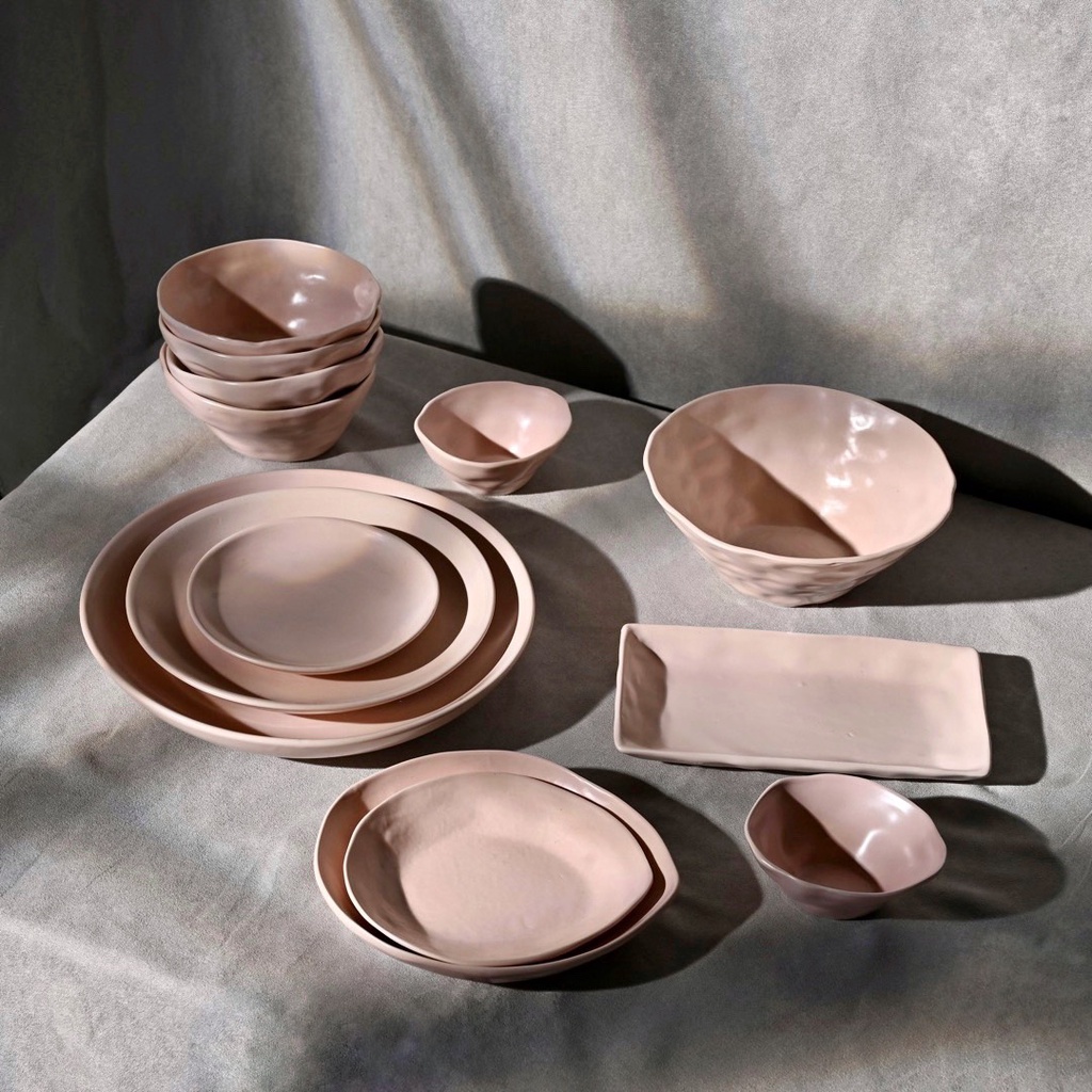 Bộ bát đĩa chén ăn cơm sứ màu trơn Pastel phong cách Hàn Quốc dáng méo lõm độc đáo đơn giản hàng Bát Tràng