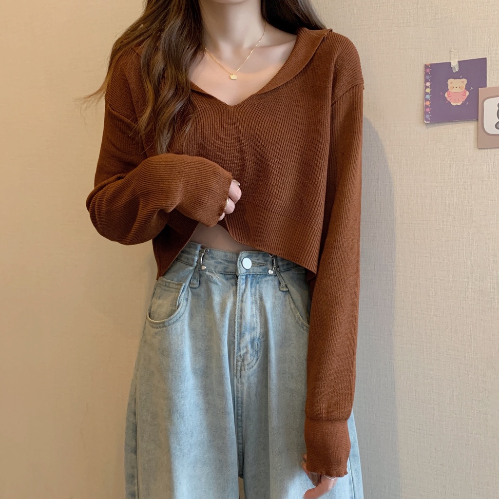 Áo croptop SUXI dệt kim tay dài dáng rộng cổ chữ V phong cách Hàn Quốc