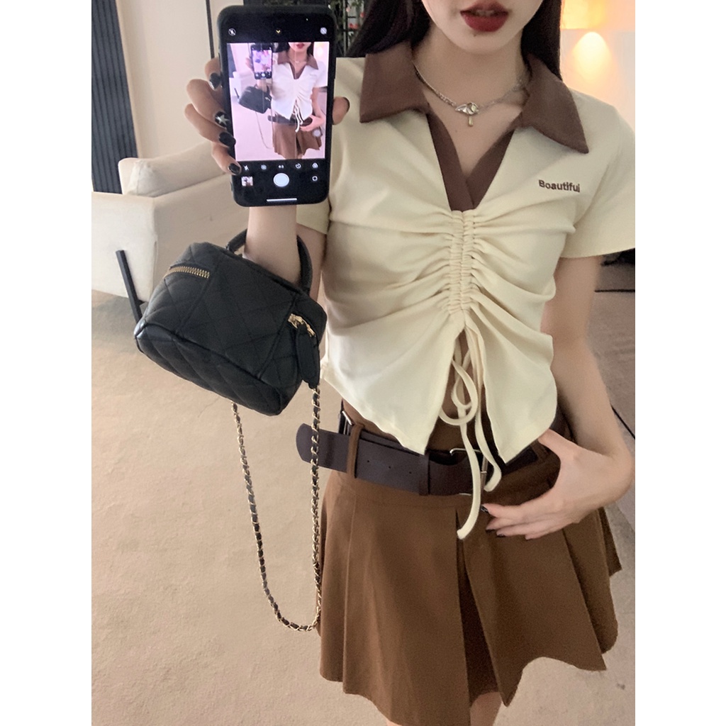áo croptop kiểu ngắn tay cổ chữ v thiết kế dây rút thêu họa tiết phong cách mới mùa hè cho nữ