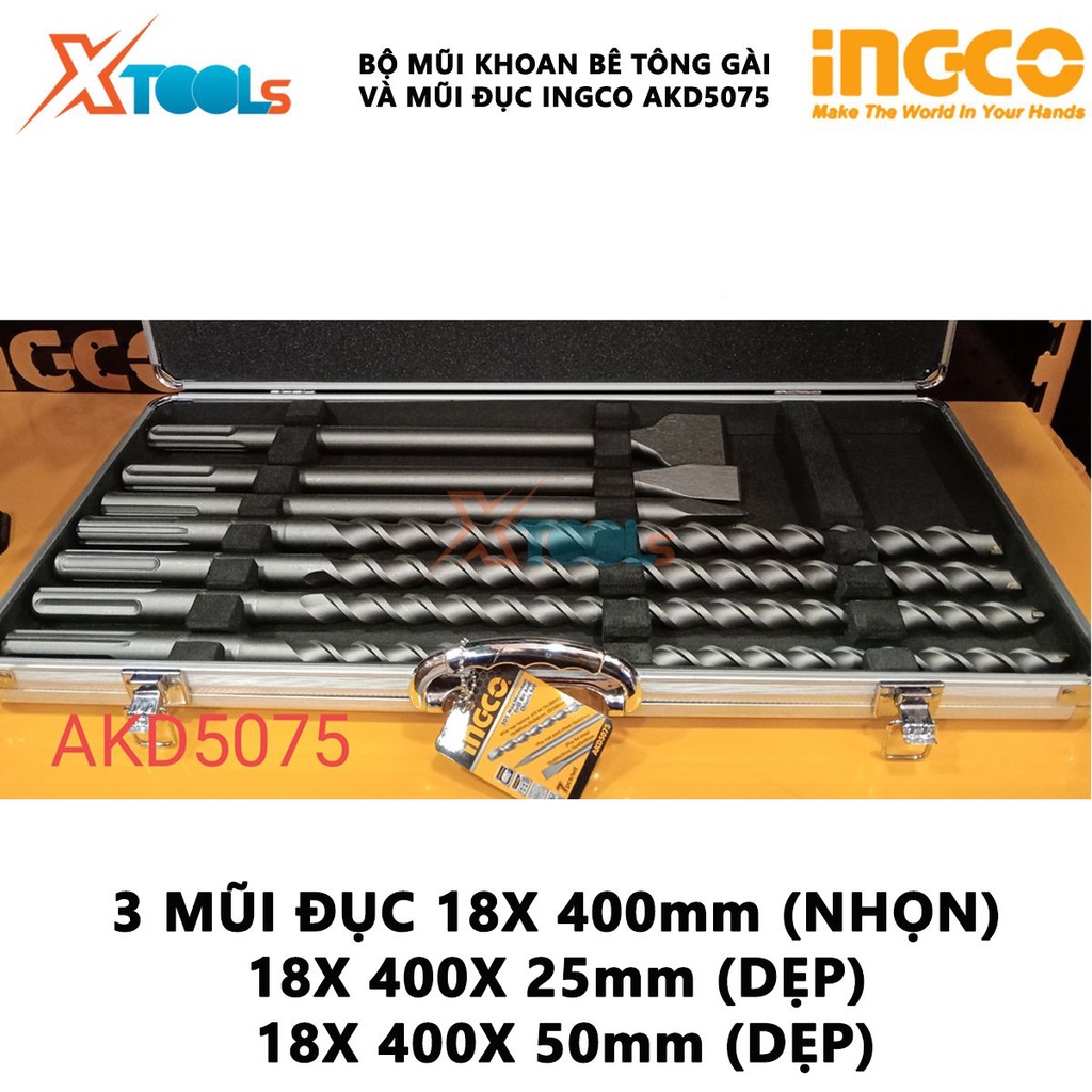 Bộ mũi khoan bê tông gài SDS Max và mũi đục INGCO AKD5075,Bộ 4 mũi khoan bê tông gài, 3 mũi đục  [CHÍNH HÃNG] [XTOOLs]