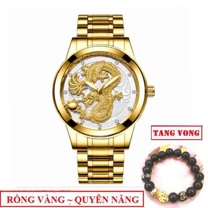 Đồng hồ nam mặt rồng ĐEN dây  hợp kim thép không gỉ Tặng vòng tay tỳ hưu