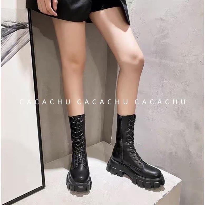 Bốt nữ cao cổ Ulzzang 20cm Boot hàng QC cao cấp đẹp dây buộc có khóa kéo đế cao 5.5cm màu đen trắng 
