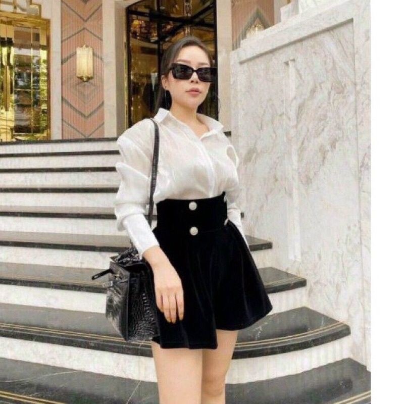 Quần Sooc Đùi Dáng Xoè Phồng Cạp Lưng Cao Chất Nhung Đen Tuyền Mềm Mại Phối 4 Khuy Tôn Dáng GOM