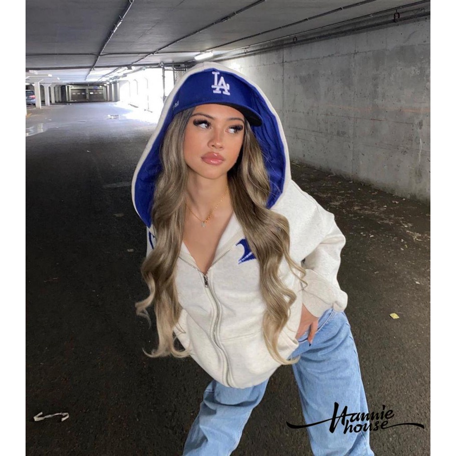 Áo hoodie tay dài dáng rộng in chữ phối túi và khóa kéo thời trang mùa thu cho nữ