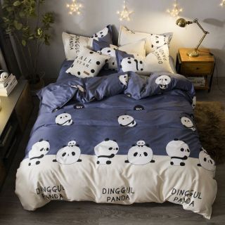 Trọn Bộ Chăn Ga Gối Cotton Poly Nhập Khẩu-gấu trúc xanh phối xám