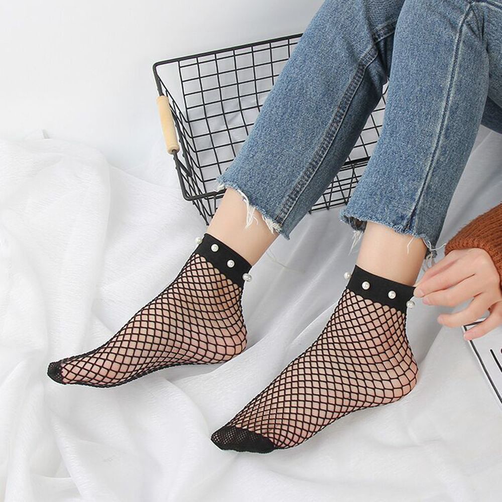 OCEANMAP Summer Short Socks Breathable Fashion Women Ruffle Fishnet Ankle High Socks Pearl Mesh Lace Fish Net Socks