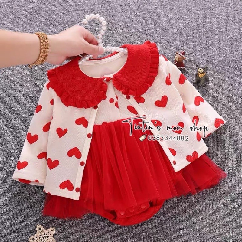Set váy công chúa tim đỏ kèm áo khoác tim cho bé gái 3-24M