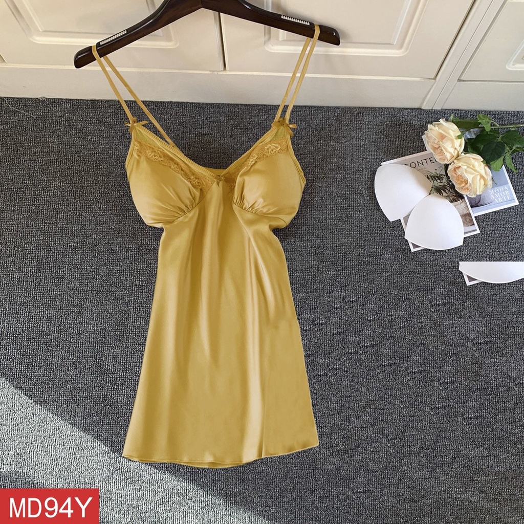 Váy Ngủ Hai Dây Lụa Satin Phối Ren AMAKA AMK-D94