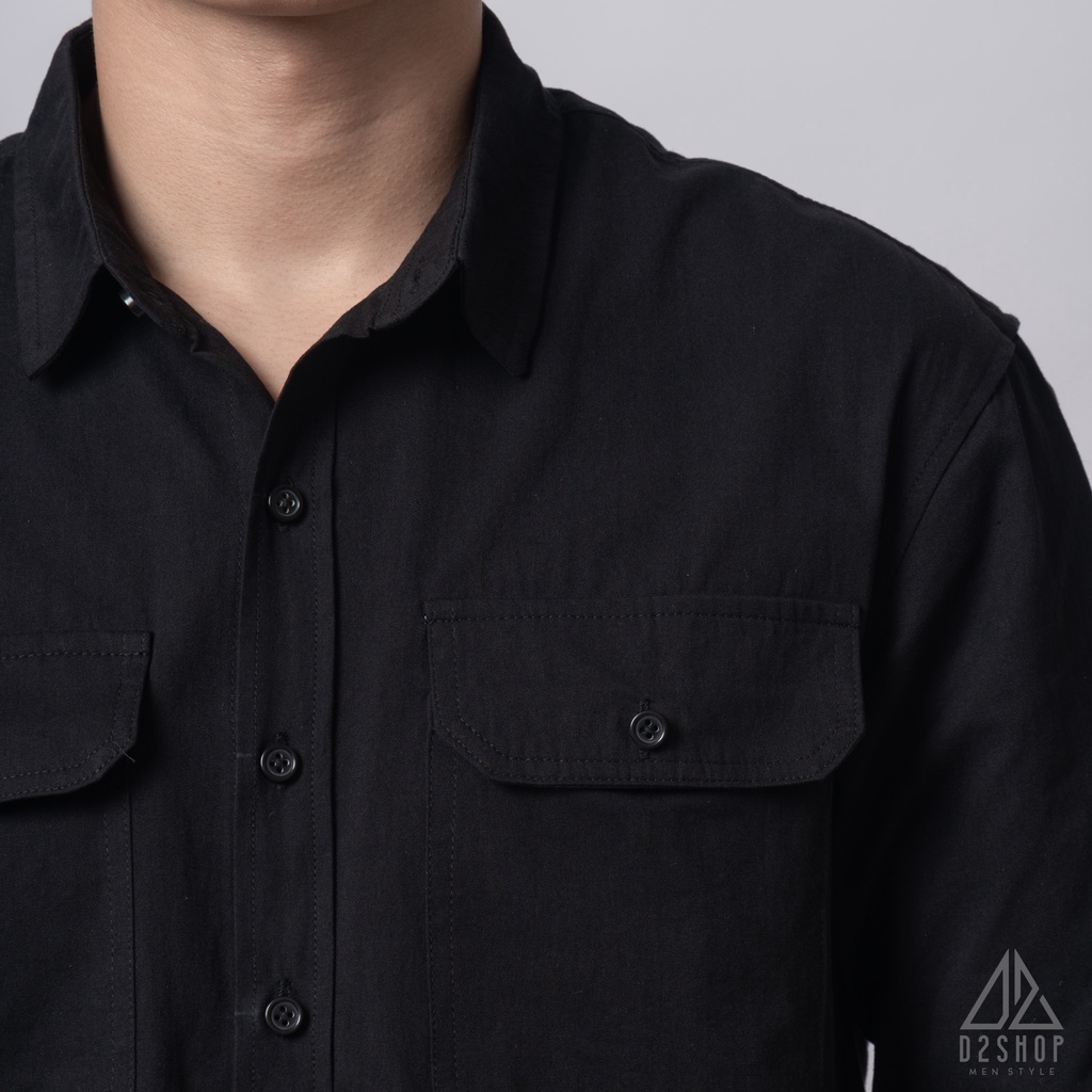 Áo sơ mi D2shop, áo sơ mi nam dài tay vải kaki túi hộp, màu đen