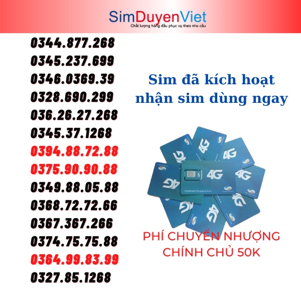 Sim Viettel số đẹp giá rẻ đăng ký được V120N 4Gb/ngày gọi miễn phí (Sim đã đăng ký 9 chủ)