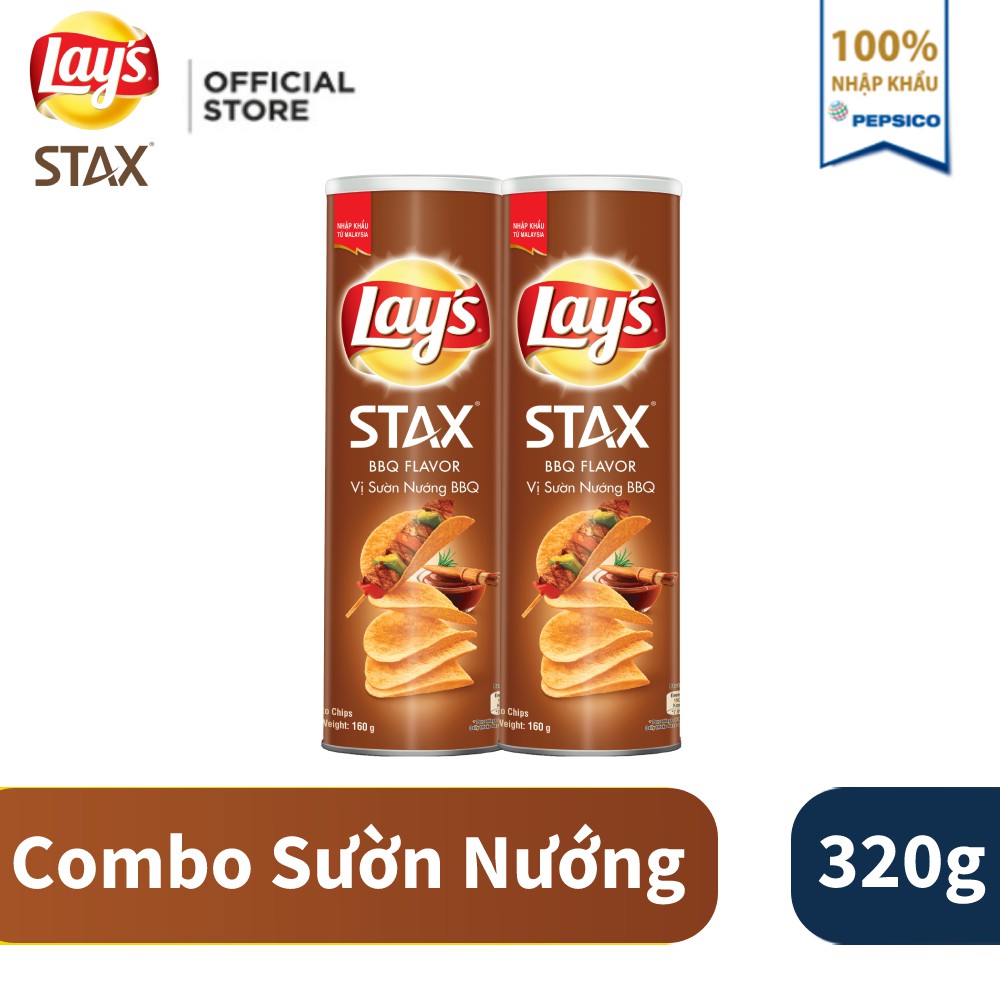 Combo 2 snack Lay's Stax Malaysia  khoai tây miếng Vị Sườn Nướng BBQ 160g/hộp