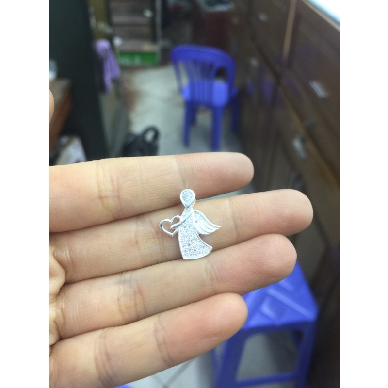 Mặt dây chuyền thiên thần đính đá nhỏ dép guốc nhân tạo ôm tim bạc thật siêu đẹp NGỌC MẬU