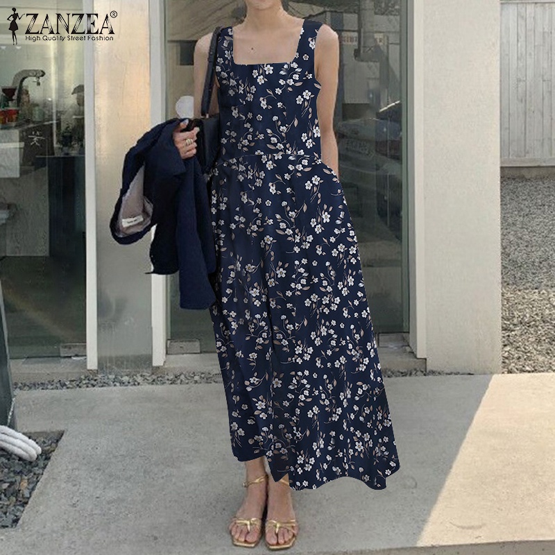 Đầm dài ZANZEA không tay cổ vuông có túi in họa tiết thời trang dành cho nữ