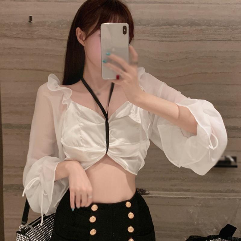 Áo Croptop Tay Dài Cổ Vuông Màu Trơn Thời Trang Nữ Gợi Cảm