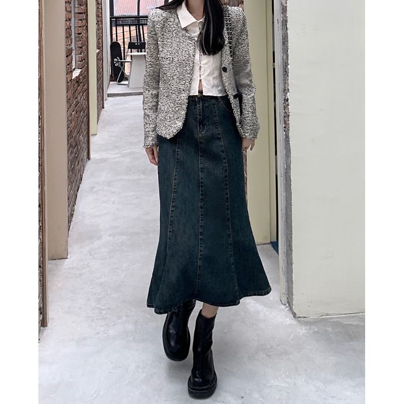 Chân váy bò đuôi cá thanh lịch đáng yêu cực độc, jeans dáng dài xếp ly