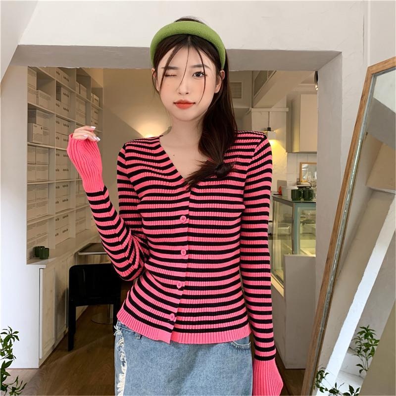 ZHELIHANGFEI Áo Khoác Cardigan Dệt Kim Tay Dài Cổ Chữ V Họa Tiết Kẻ Sọc Thời Trang