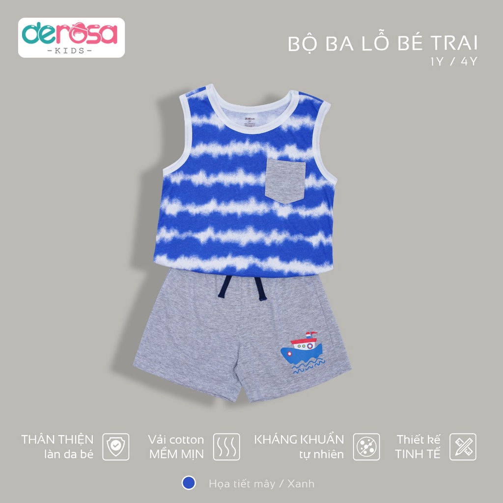 Bộ ba lỗ bé trai DEROSA KIDS đồ bộ cộc tay cotton cho bé 1 - 4 tuổi ASKD405B