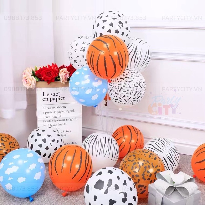 Set 5 Bóng Cao Su 12 inch( 30cm) Hoạ Tiết Da Báo, Ngựa Vằn, Hổ, bò sữa, chó đốm trang trí sinh nhật