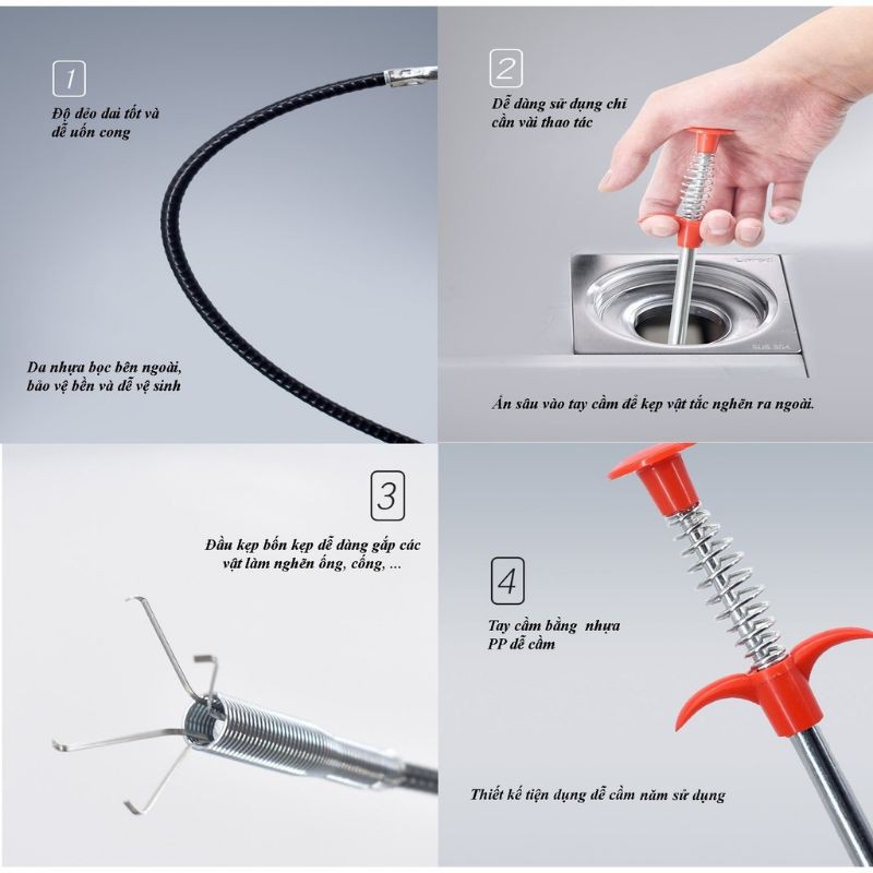 Gậy Thông Cống Dài 60cm &amp; Bột Thông Tắc 260g Thoát Nước Sàn, Bồn Cầu, Lavabo, Chậu Rửa Bát ...
