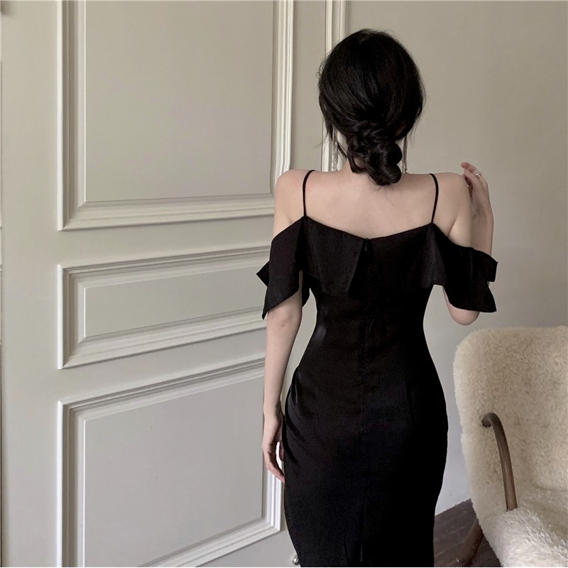 CHIKITO | Đầm nữ thiết kế retro 2 dây bệt vai - đầm Quảng Châu cao cấp