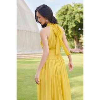 Đầm lụa maxi vàng cổ yếm buộc nơ lưng -HBV1134