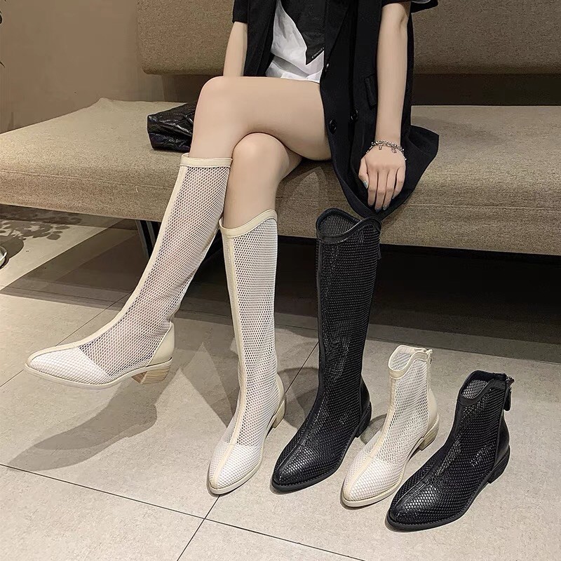 Boots lưới nữ cổ ngắn và cổ cao dưới đầu gối mũi nhọn đế 4cm