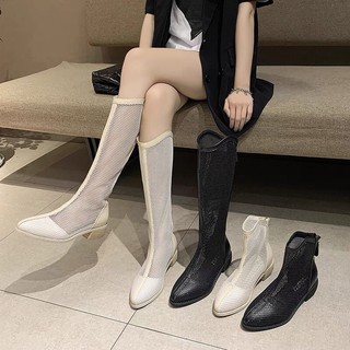 [Sẵn 37] Bốt lưới nữ cổ ngắn và cổ cao dưới đầu gối mũi nhọn đế 4cm