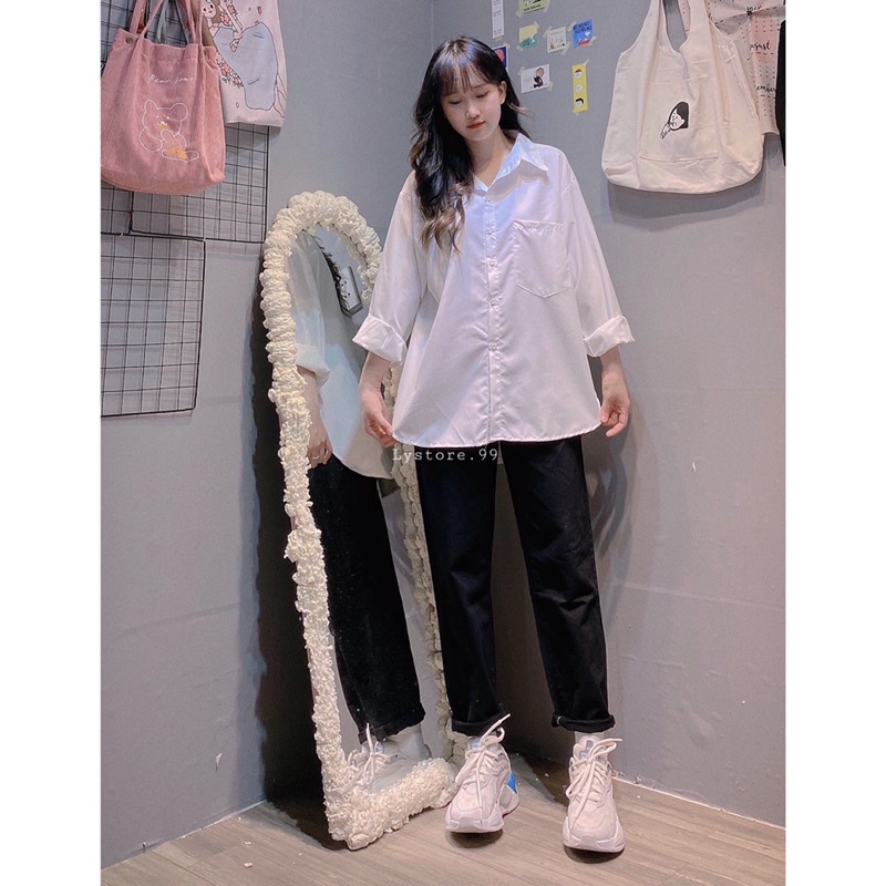 (Hình shop chụp) Áo sơmi vạt bầu form rộng + quần baggy kaki jean đen mềm mịn