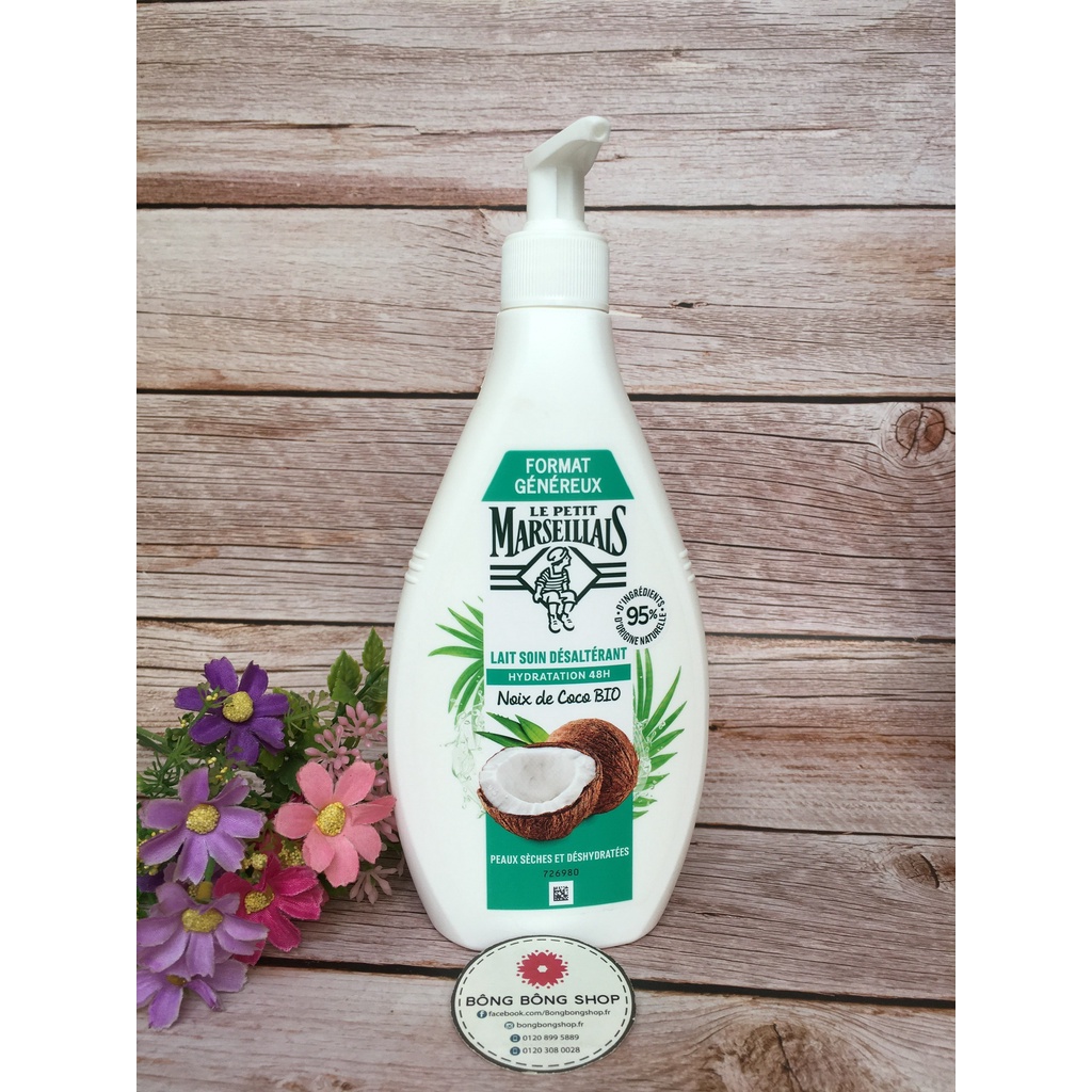 (Chuẩn Pháp-400ml) Sữa dưỡng thể 48h Le Petit Marseillais chiết xuất dừa hữu cơ cho da khô và da mất nước