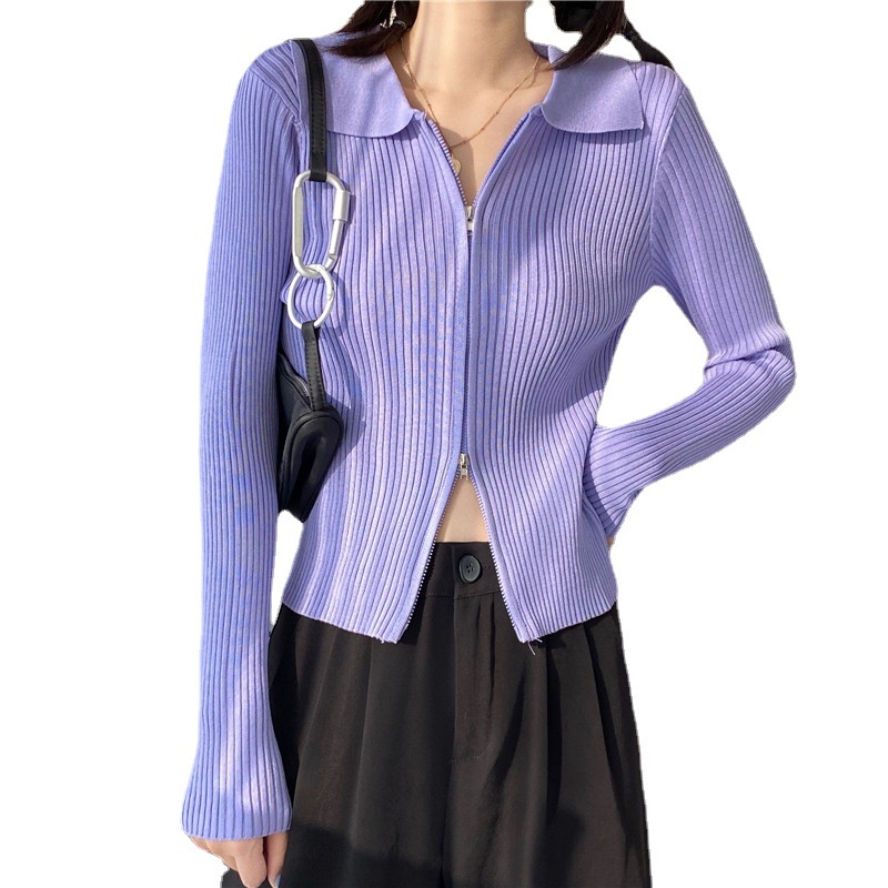 IELGY   Áo sweater cotton Tay Dài Hai Dây Kéo Màu Sắc Trơn Phong Cách Hàn Quốc