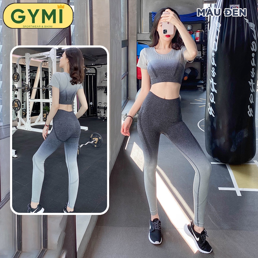 Set bộ đồ tập gym yoga nữ thể thao GYMI SET02 gồm áo croptop ngắn tay kèm mút ngực và quần legging dài chất dệt kim