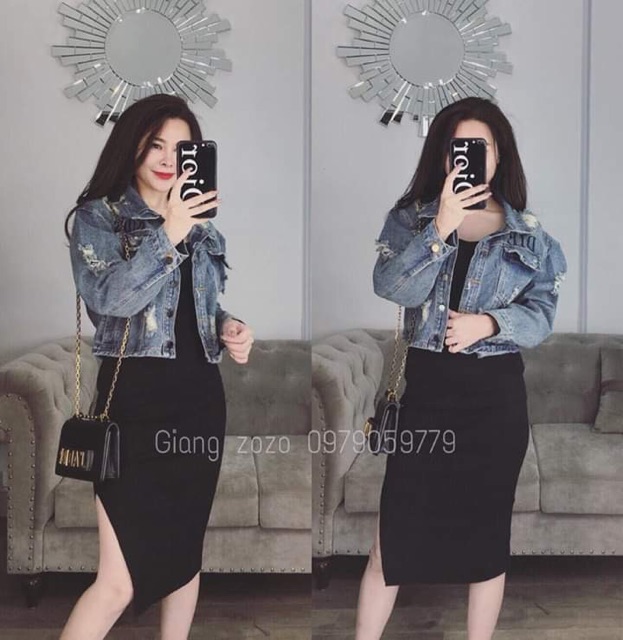 Áo khoác jeans thêu lưng chun mốc rách