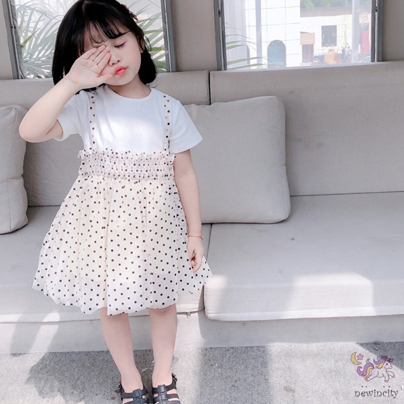 Đầm Hoạ Tiết Chấm Bi Phối Lưới Kiểu Công Chúa Phong Cách Hàn Quốc Thiết Kế Dễ Thương Cho Bé Gái