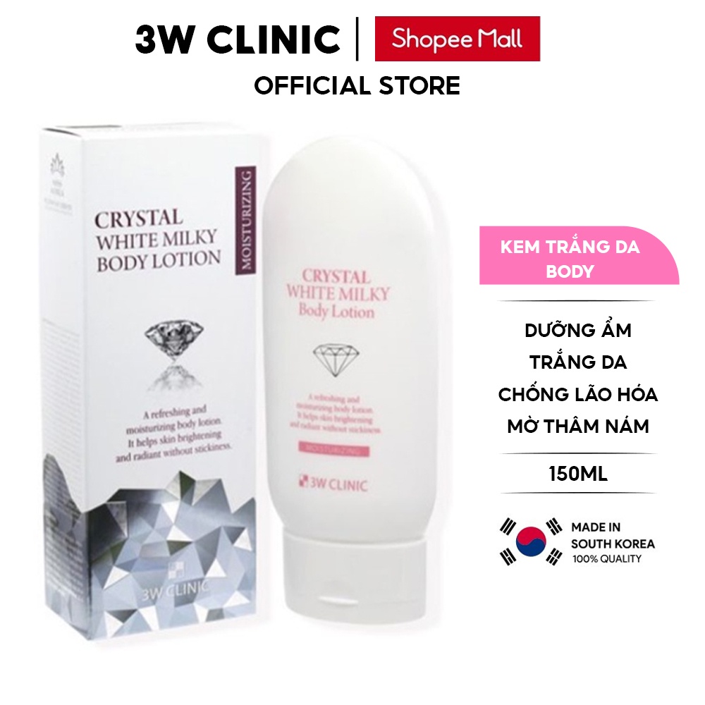Kem body trắng da nâng tone 3W Clinic Hàn Quốc Crystal White Milk Lotion giúp da trắng sáng và dưỡng ẩm 150ml