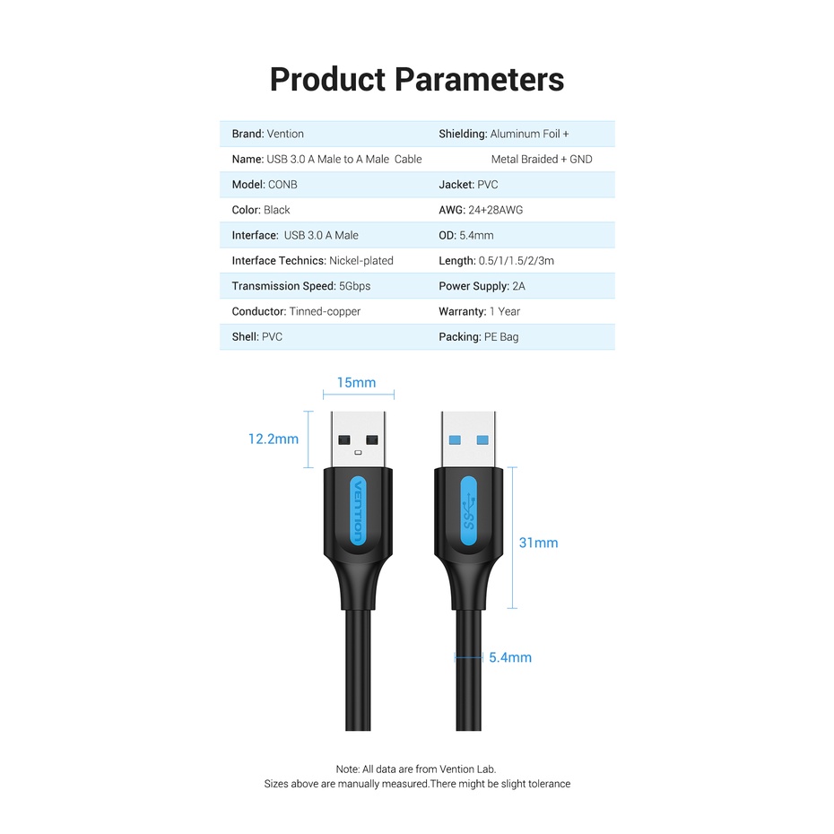 Dây cáp USB 3.0 2 đầu đực Vention dài 3m tốc độ 5Gbps