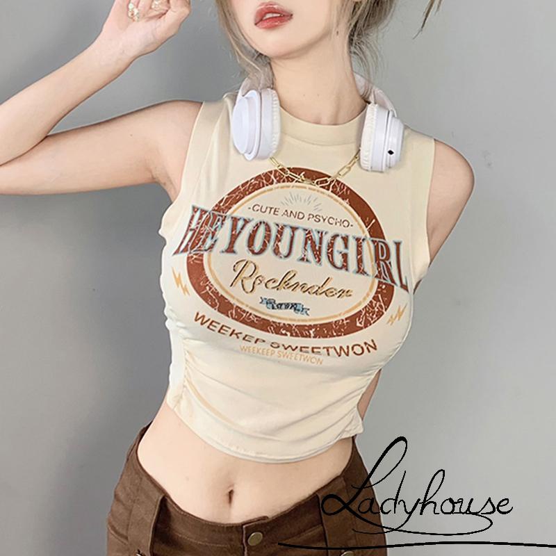 Áo Croptop Cổ Tròn Không Tay In Chữ Màu Sắc Tương Phản Dành Cho Nữ
