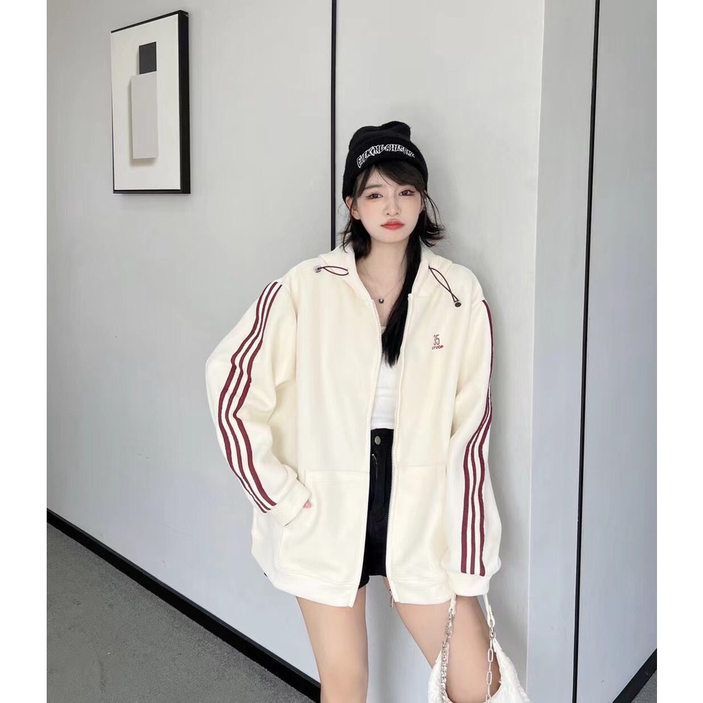 Áo khoác nỉ ngoại 3 sọc thêu 35 unisex [FREESHIP] Khoát hoodie zip form rộng tay bồng kiểu dáng thể thao peonyb ulzzang