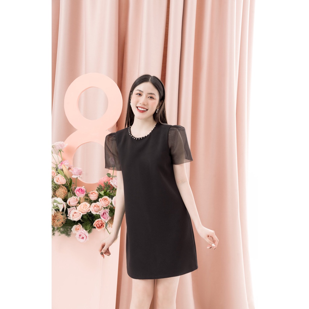 RẬP - Đầm Đen Tay Lưới Phồng Cổ Đính Hạt - TITI 04 HẠT